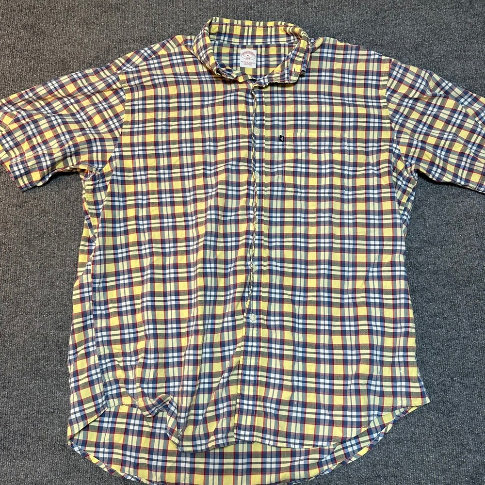 Brooks Brothers 346 Mens XL Yellow Plaid Short Sleeve Button Down Cotton Shirt